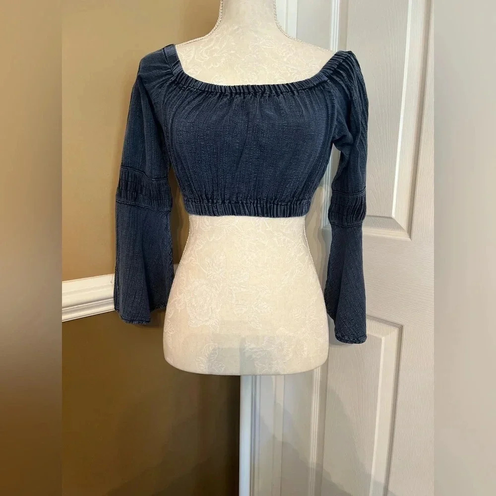 Natural Cotton FLARE MIDNIGHT BLUE OFF-SHOULDER cropped top long sleeve size M - Picture 8 of 16